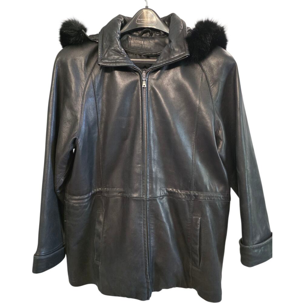 Tibor Leathers Black Leather Coat Removable Fur Hood & Leather Lining Large Vtg